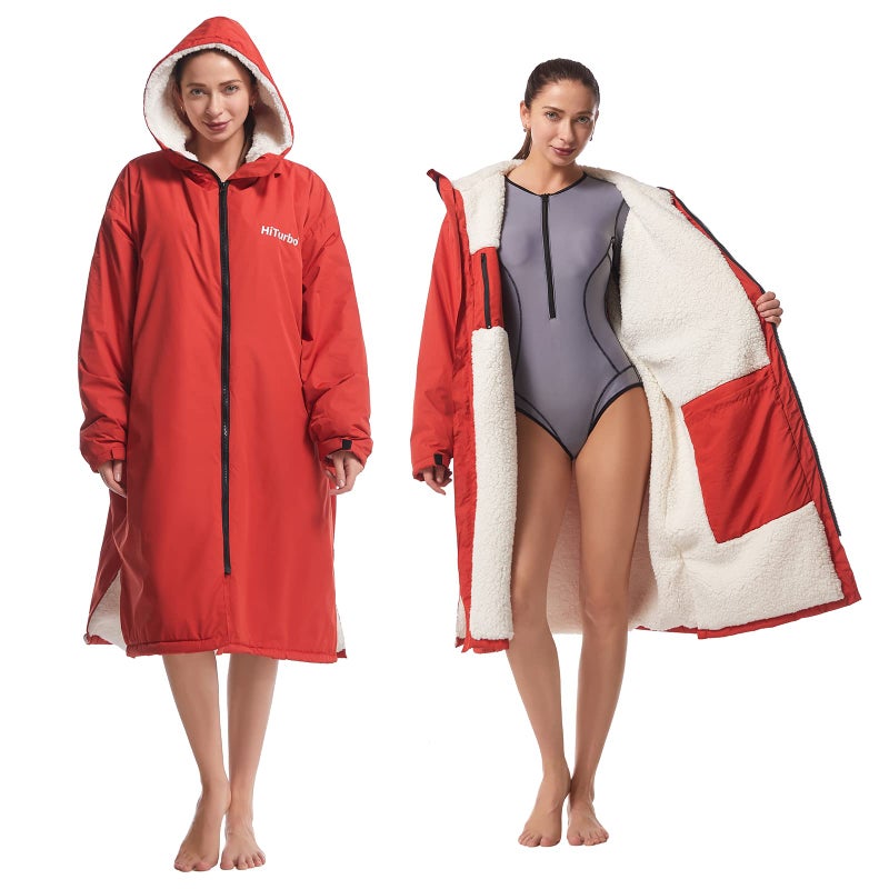 Hiturbo Warm Waterproof Swim Parka: Oversized Hooded Changing Robe - Sherpa Liner Swimming Coat - Recycled Fabric Surf Poncho (Red) - Image 1